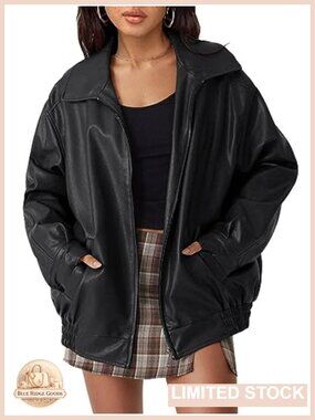 Oversized Faux Leather Jacket Motorcycle Biker Coat Zip Up Women